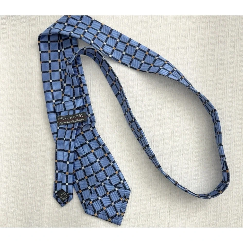 Jos A Bank Signature Collection Geometric Silk‎ Blue Mens Tie Long